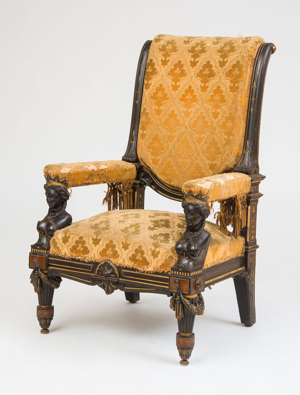 Appraisal: RENAISSANCE REVIVAL ARMCHAIR Ebonized finish gilt-incised decoration burl accents x