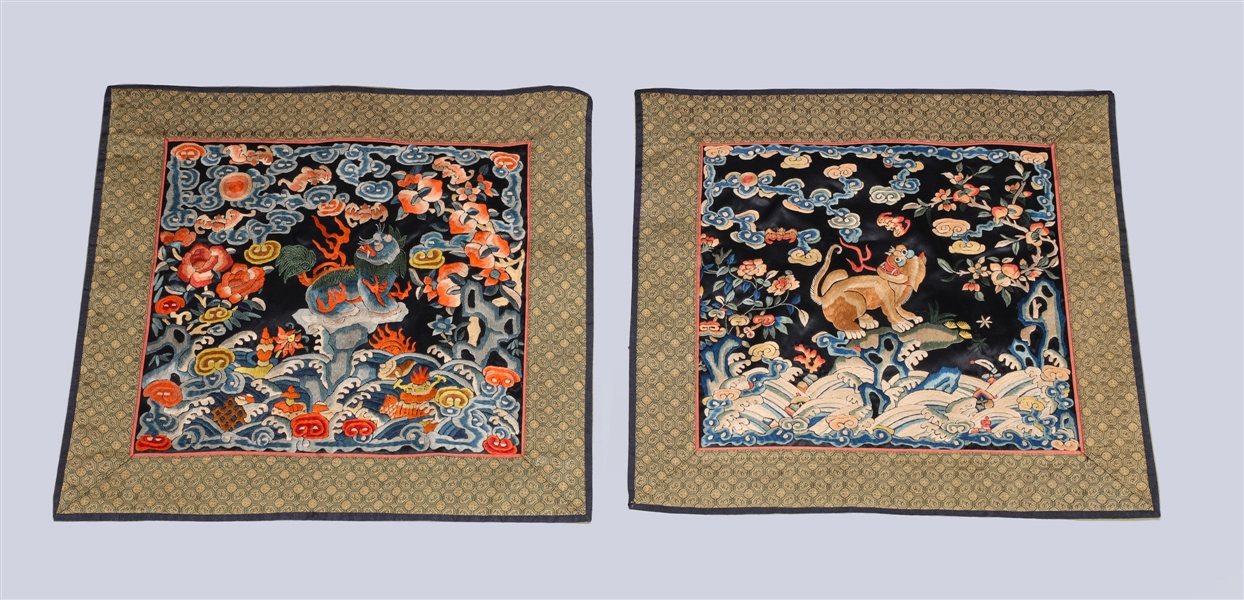 Appraisal: Two large Chinese embroidered badges each depicting qilin amidst bats