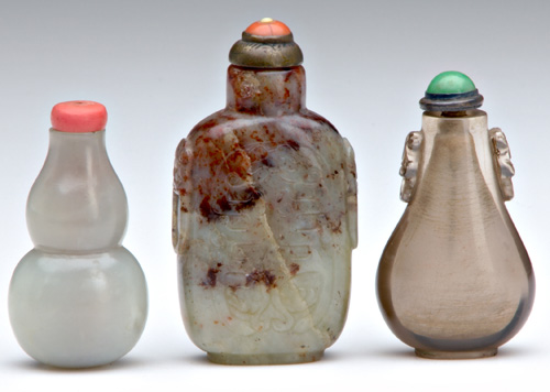 Appraisal: CHINESE SNUFF BOTTLES Three bottles one well-hollowed flattened rectangular form