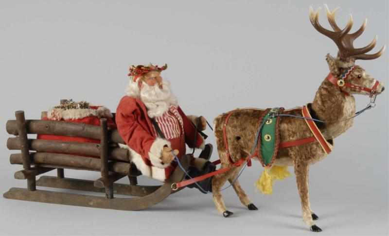 Appraisal: Clockwork Reindeer Pulling Santa in Sleigh Toy Description Working All