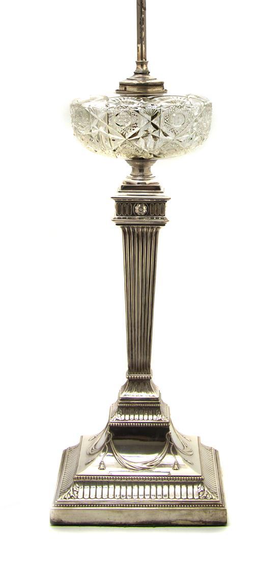 Appraisal: n English Silverplate and Cut Glass Neoclassical Oil Lamp of