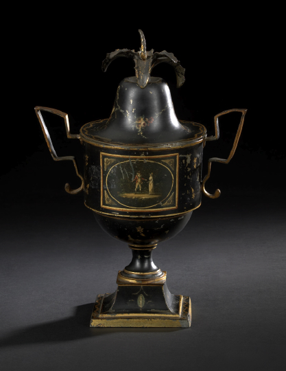 Appraisal: Unusual English Regency Painted Pewter Two-Handled Covered and Footed Chestnut