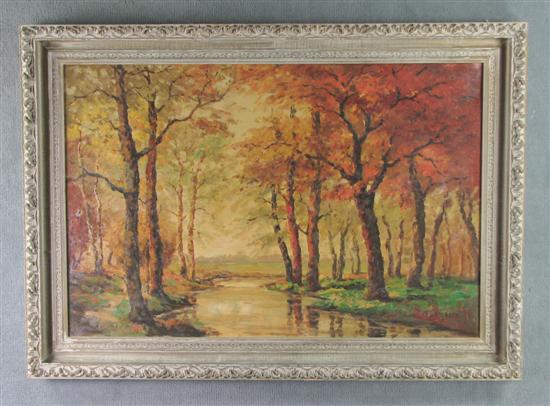 Appraisal: Autumnal Oil on Canvas th Century Trees and stream Signed