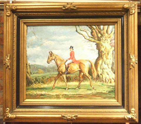 Appraisal: HUNTSMAN ON HORSEBACK Oil on canvas x in sight Framed