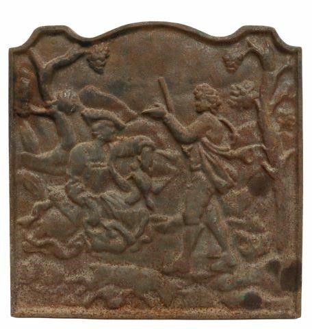 Appraisal: French cast iron fireback panel th th c relief scene