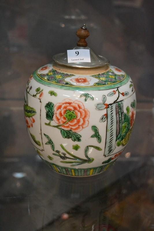 Appraisal: CHINESE ENAMELLED FAMILLE VERT GINGER JAR WITH MATCHED PORTUGUESE SILVER