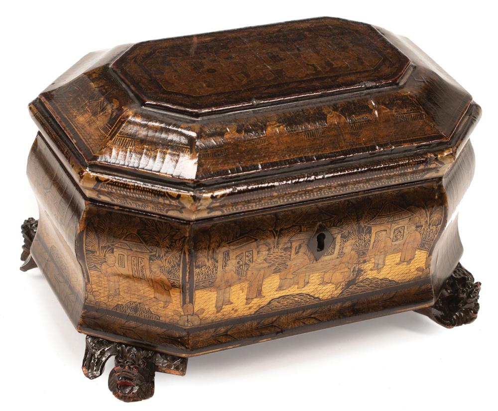 Appraisal: Chinese Export Gilt and Silver Decorated Black Lacquer Tea Caddy