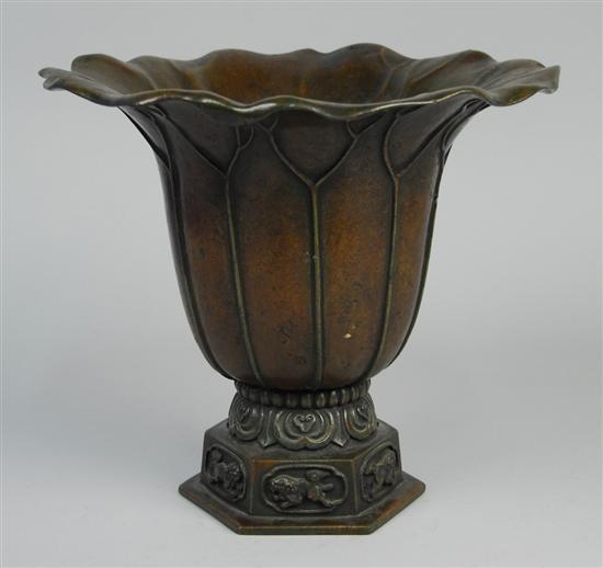 Appraisal: CHINESE BRONZE LOTUS FORM FOOTED VASE the octagonal foot molded