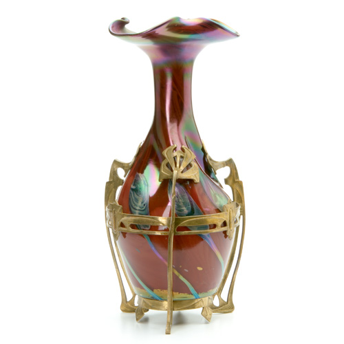 Appraisal: RINDSKOPF Art Nouveau red glass vase internally decorated with iridescent