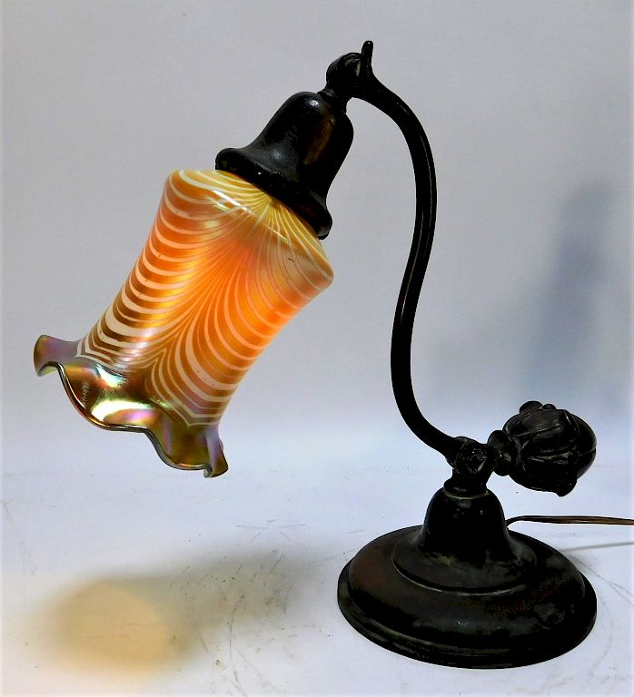 Appraisal: Antique BRonze Desk Lamp with Art Glass Shade Antique BRonze