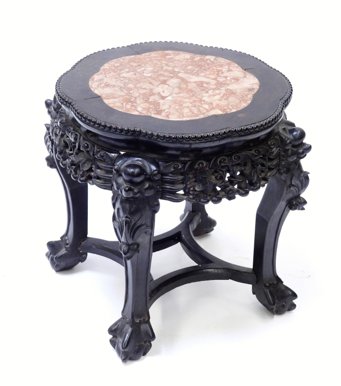 Appraisal: CHINESE CARVED WOOD MARBLE SIDE TABLE China th CenturyScalloped edge