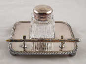 Appraisal: A silver plated inkstand with gadrooned edge and ballpoint pen