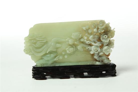 Appraisal: CARVED PLAQUE Asian th century green stone possibly jade Small