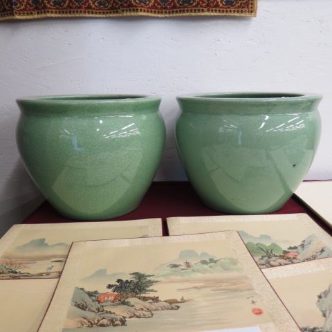 Appraisal: Pair of Chinese Pottery Jardinieres crackle design green glaze