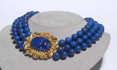 Appraisal: LAPIS-LAZULI GOLD AND DIAMOND NECKLACE ca Yellow gold Three-row necklace