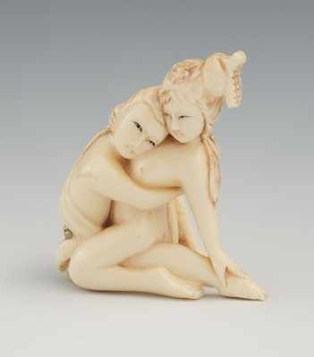 Appraisal: A Carved Ivory Erotic Carving Loving couple embracing with applied