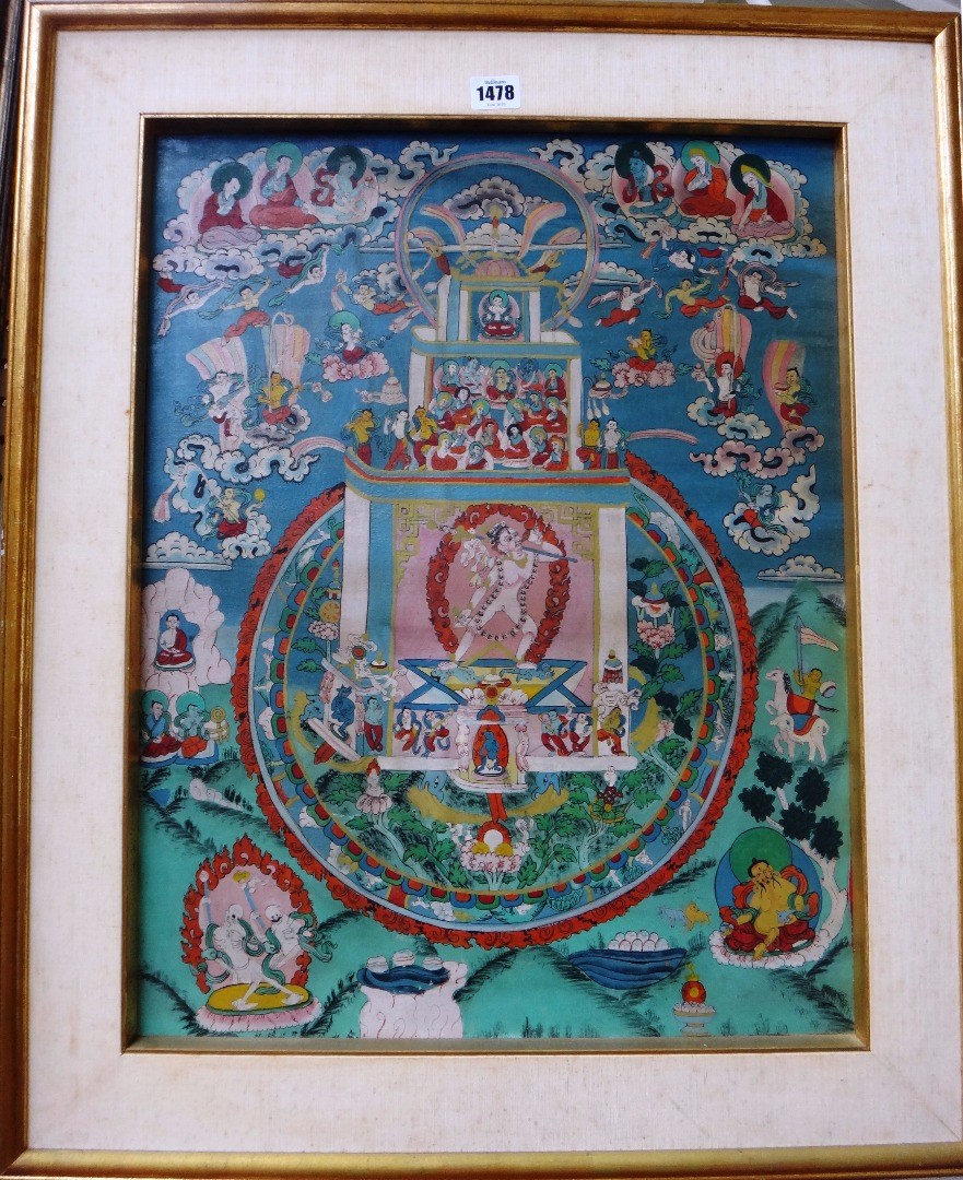 Appraisal: A Tibetan thangka pigment on cloth laid on board painted