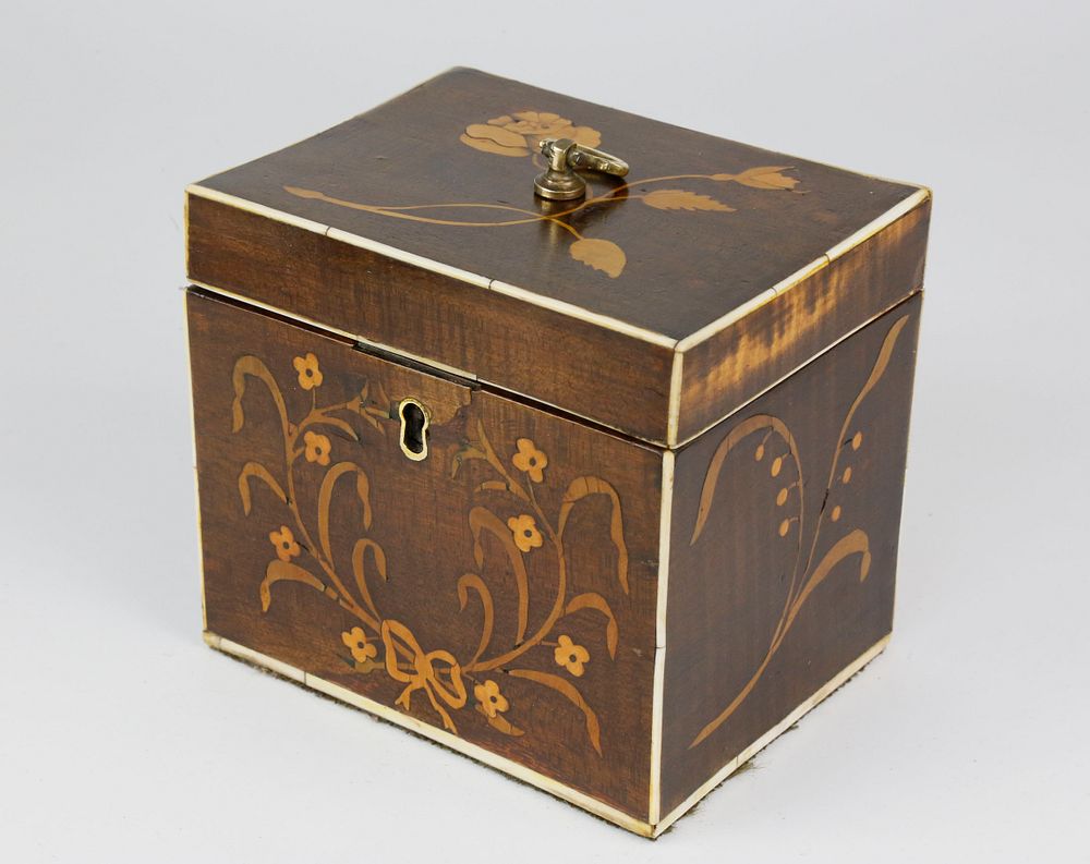 Appraisal: English Delicate Inlaid Tea Caddy circa English Delicate Inlaid Tea