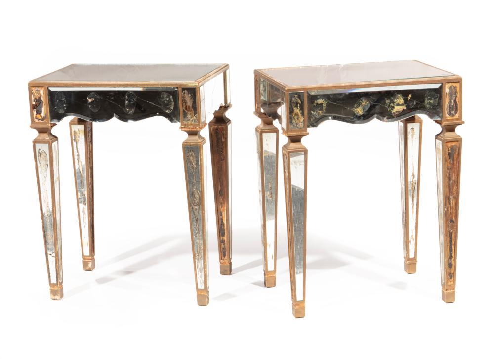 Appraisal: Pair of Hollywood Regency Mirrored Side Tables c with shaped