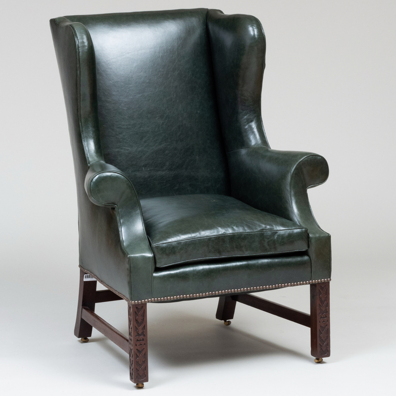 Appraisal: George III Style Mahogany and Green Leather Wing Chair A