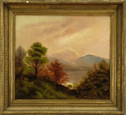 Appraisal: American School Autumn Landscape with Lake Oil on canvas signed