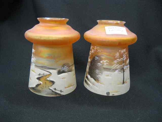 Appraisal: Pair of Art Glass Shades enameled winter scenes on marigold