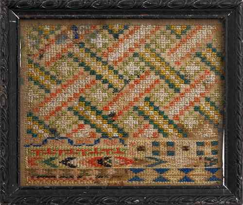 Appraisal: Small New Jersey silk on linen darning sampler th c