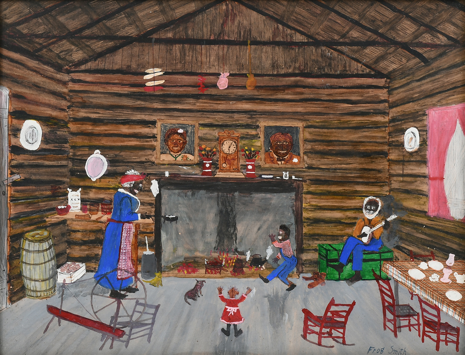 Appraisal: SMITH Frog American - Log Cabin Interior with an African-American