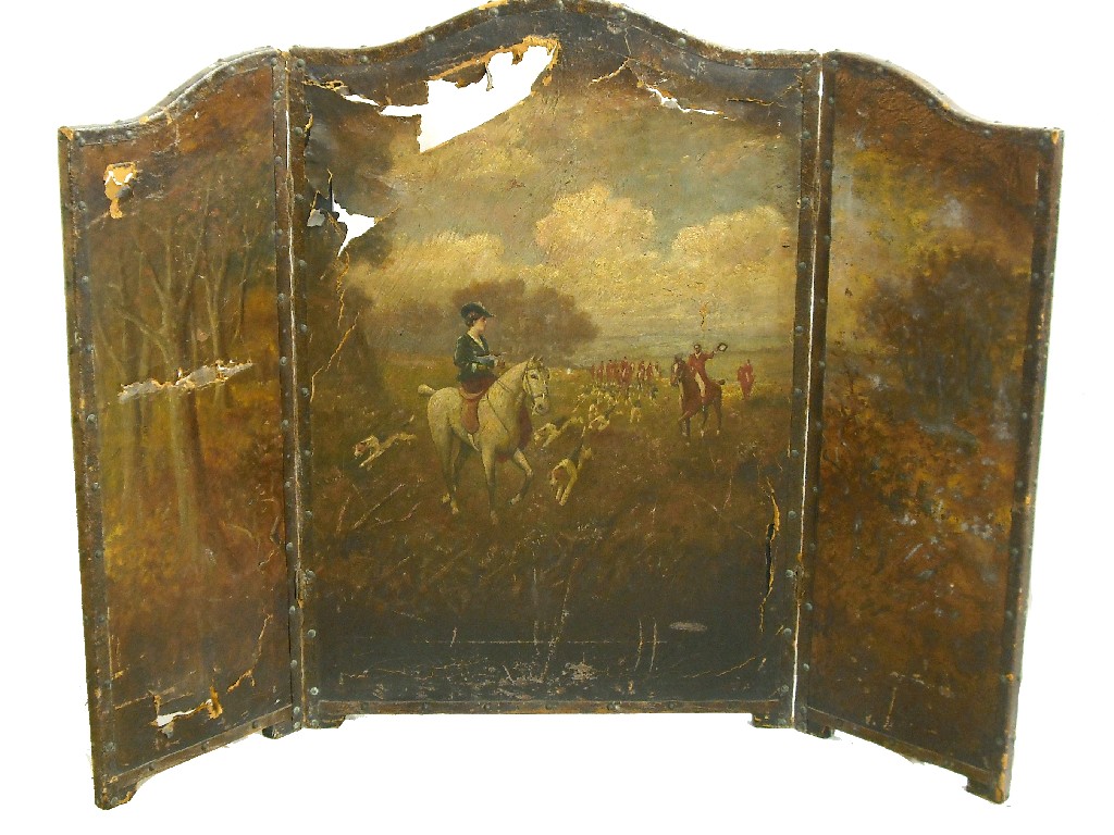 Appraisal: th century painted leather three-fold fire screen the arched central