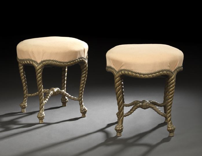 Appraisal: Pair of Napoleon III Giltwood Stools en Cordage mid- th