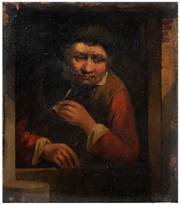 Appraisal: Dutch School painting gentleman with pipe and leaning out a