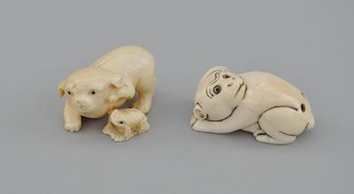 Appraisal: Two Carved Ivory Netsukes Containing a carved ivory netsuke of