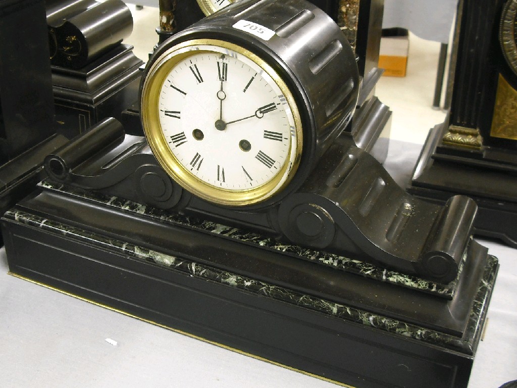 Appraisal: Black slate and green marble two train drumhead mantel clock