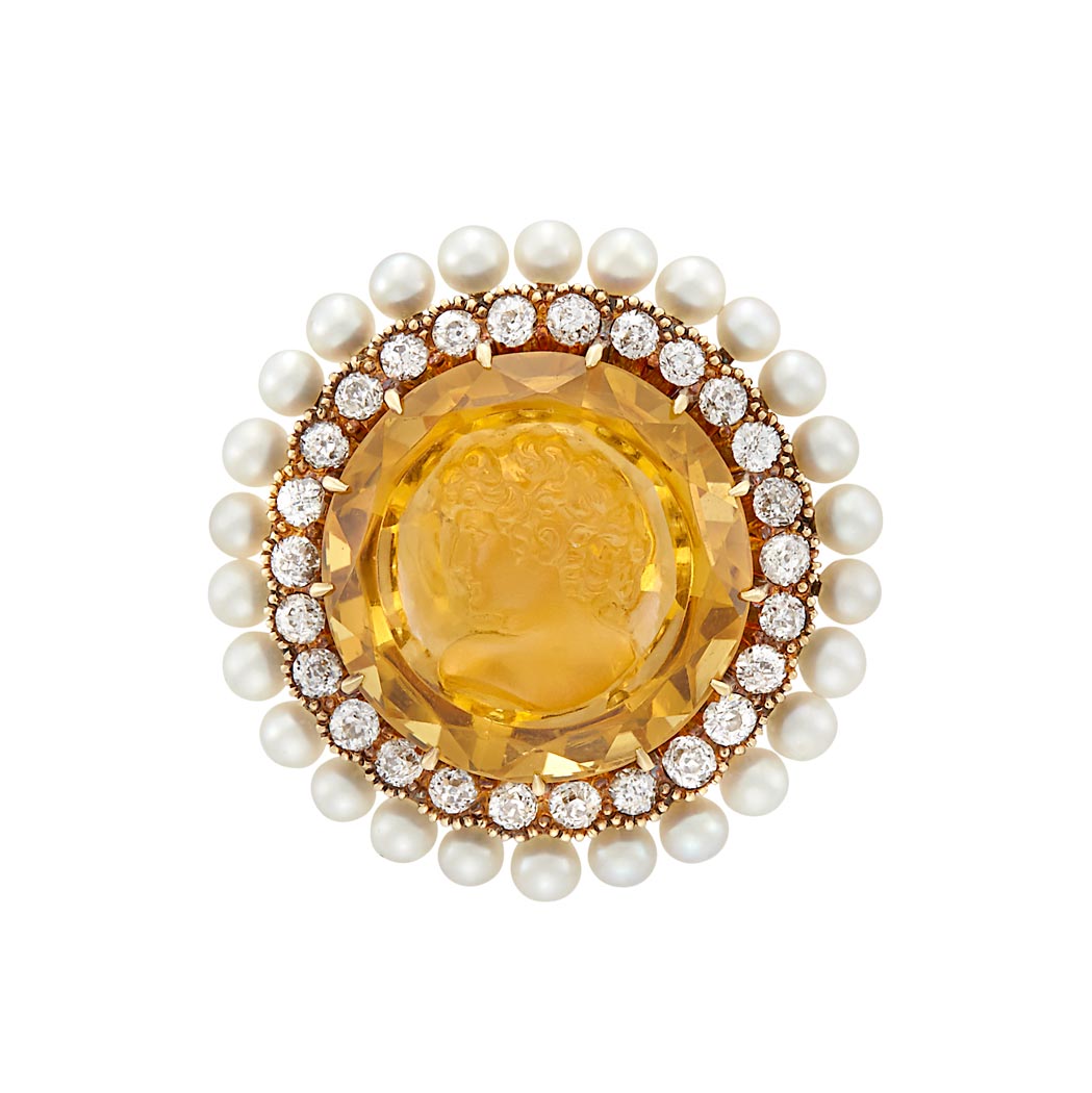 Appraisal: Antique Gold Platinum Citrine Intaglio Diamond and Seed Pearl Pin