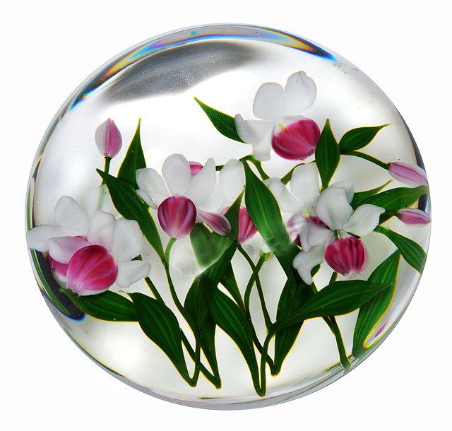 Appraisal: A GLASS PAPERWEIGHT centrally decorated with pink and white petalled