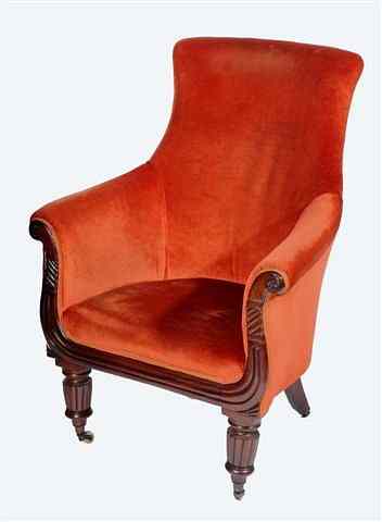 Appraisal: A WILLIAM IV MAHOGANY AND UPHOLSTERED BERGERE ARMCHAIR with scrolled