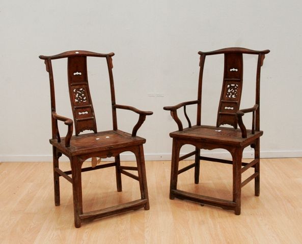 Appraisal: Two Chinese 'Official's Hat' armchairs Huanghuali wood carved open work