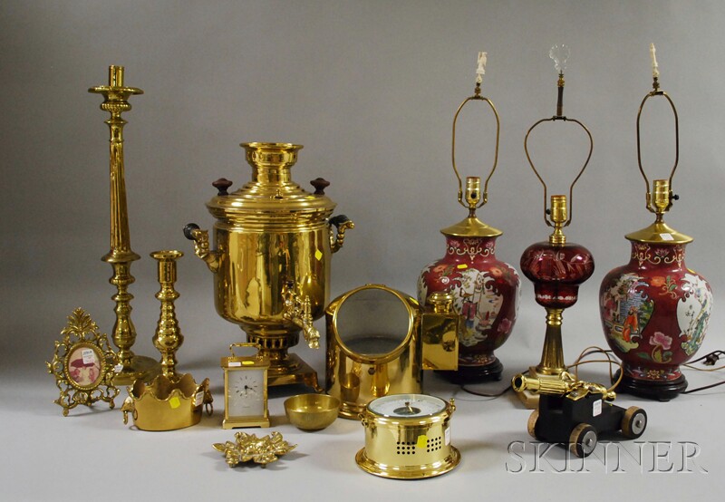 Appraisal: Group of Decorative Brass Items and Three Table Lamps a