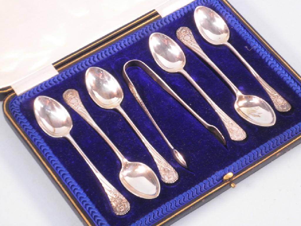 Appraisal: A set of six silver teaspoons and matching sugar tongs