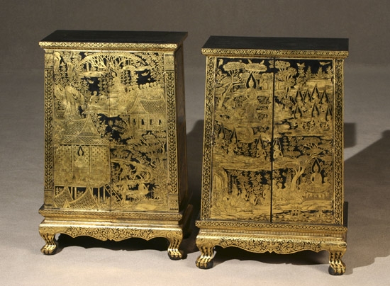 Appraisal: Pair of Thai Gilt Decorated Black Lacquered Low Tapered Cabinets