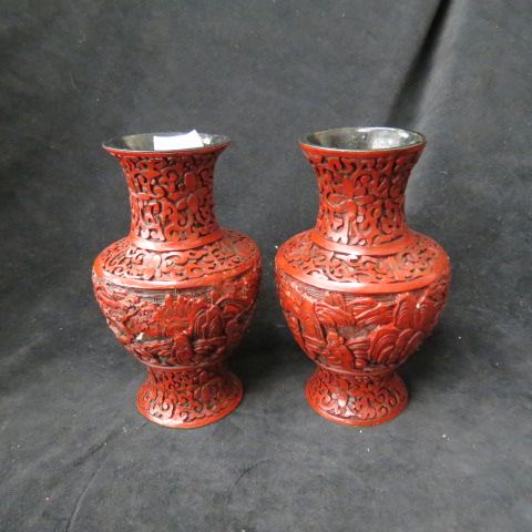 Appraisal: Pair of Chinese Cinnabar Vases villagers foilage