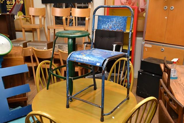 Appraisal: A BLUE METAL INDUSTRIAL CHAIR AND A GREEN METAL STOOL