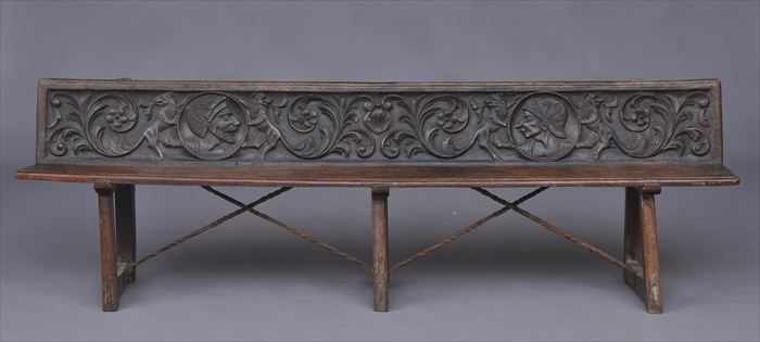 Appraisal: BAROQUE CARVED OAK BENCH The low backrest relief-carved with two