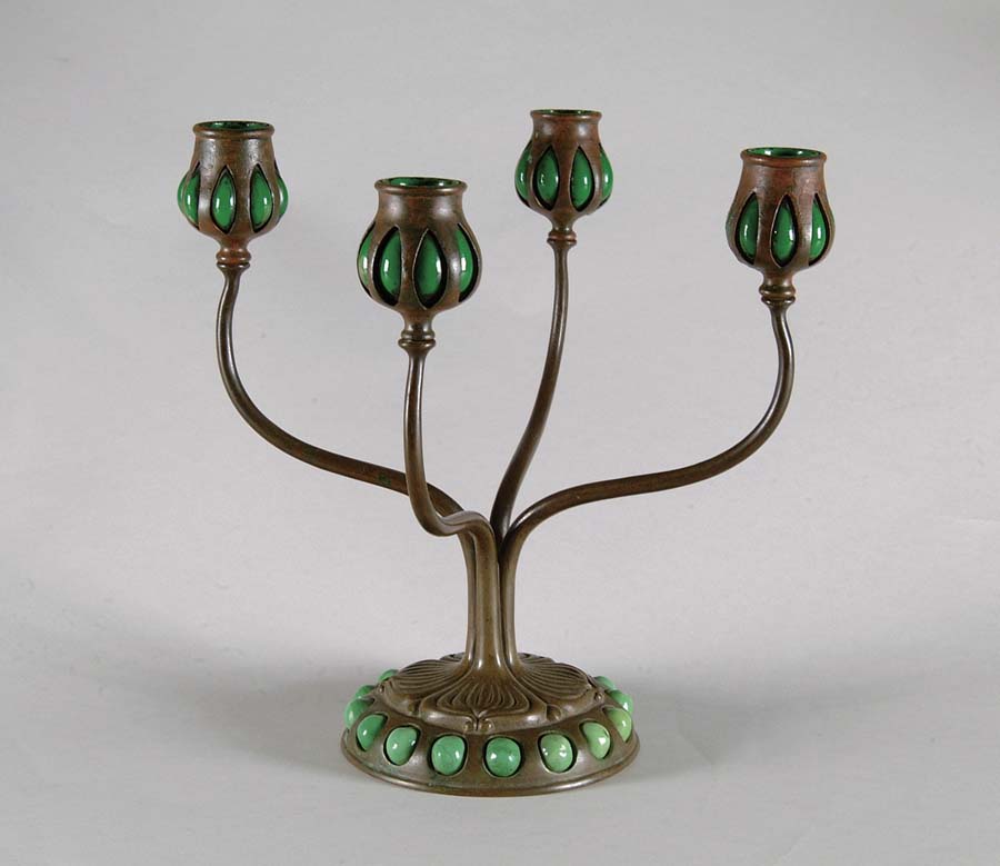 Appraisal: TIFFANY STUDIOS FOUR ARMED CANDELABRA Early Tiffany candelabra has leaf