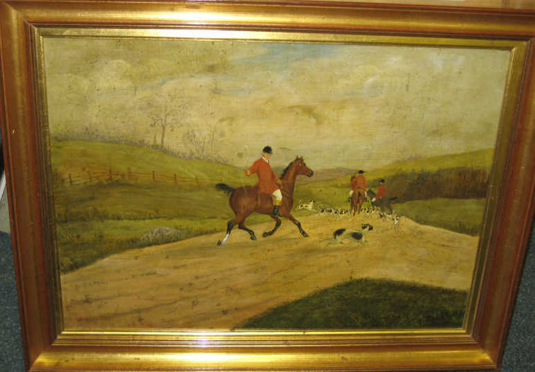 Appraisal: ENGLISH SCHOOL TH CENTURY Equestrian fox hunting scene oil on