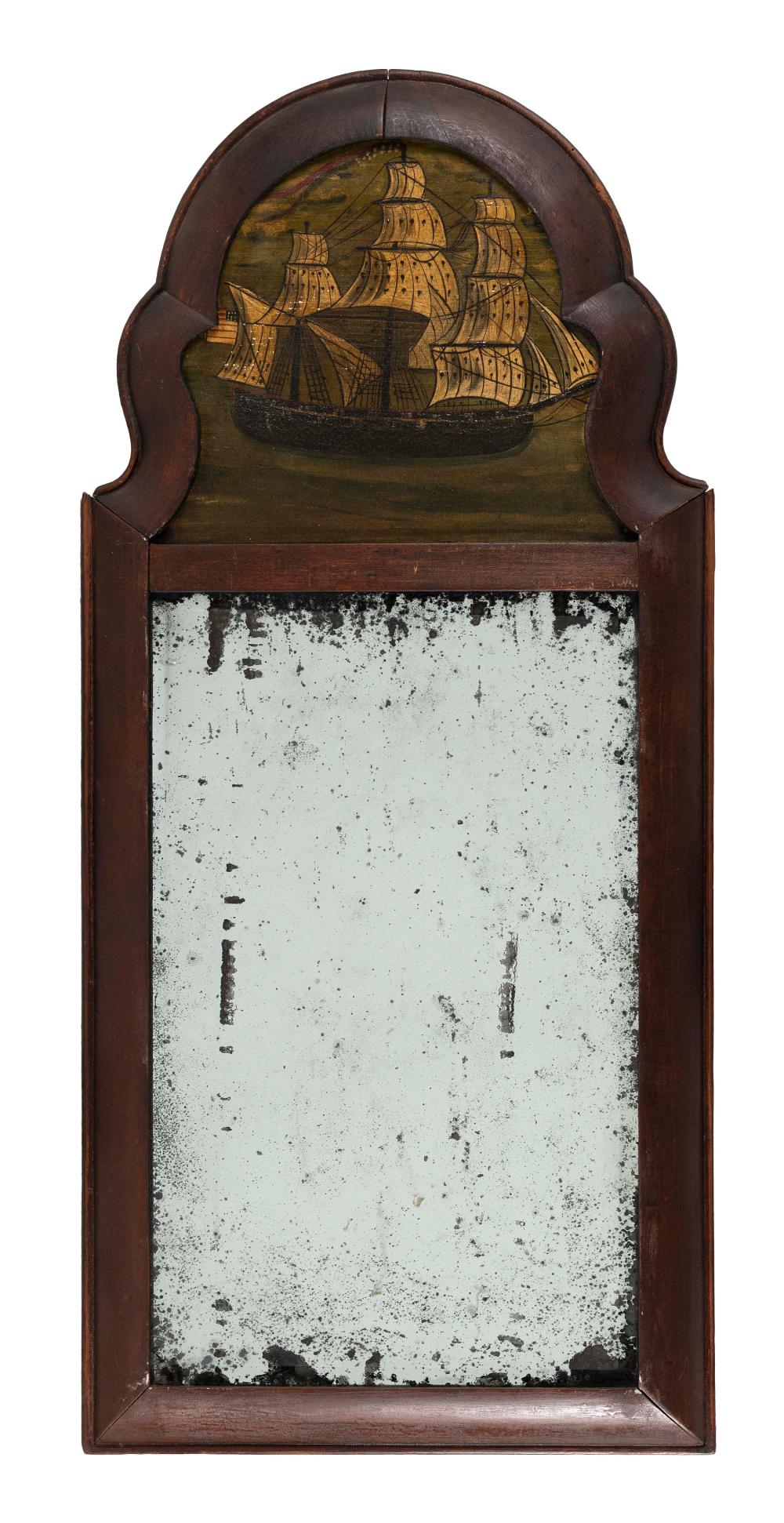 Appraisal: ARCHED MIRROR WITH SHIP PORTRAIT IN CREST LATE TH EARLY