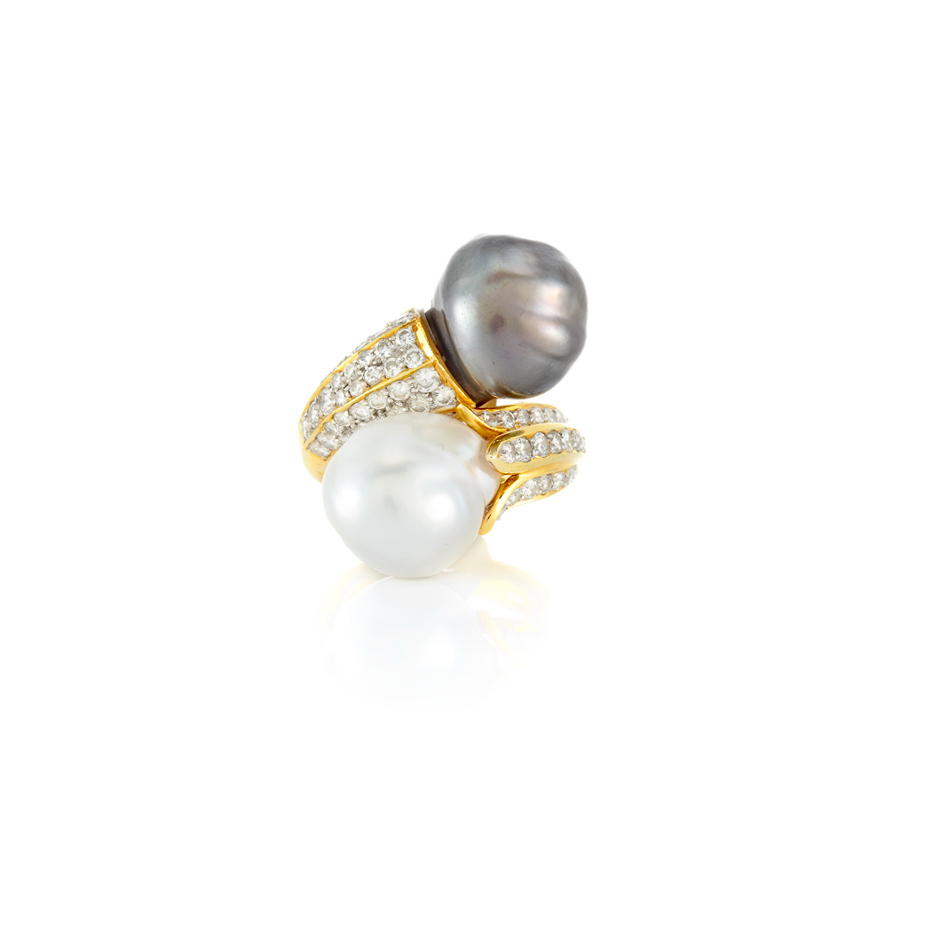 Appraisal: Gold Black and White Baroque Cultured Pearl and Diamond Ring