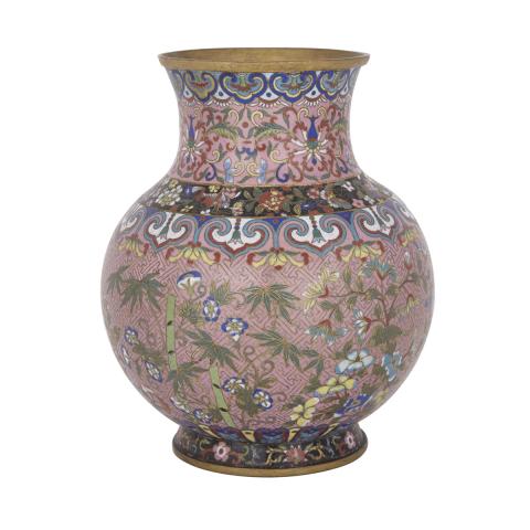 Appraisal: A Rare Chinese Pink-Ground Cloisonn Medallion Vase Late th Century