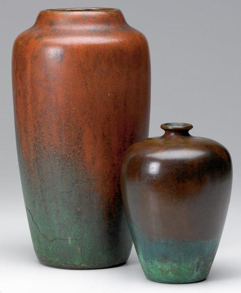 Appraisal: CLEWELL Two copper-clad vases in bronze and vedigris patina A