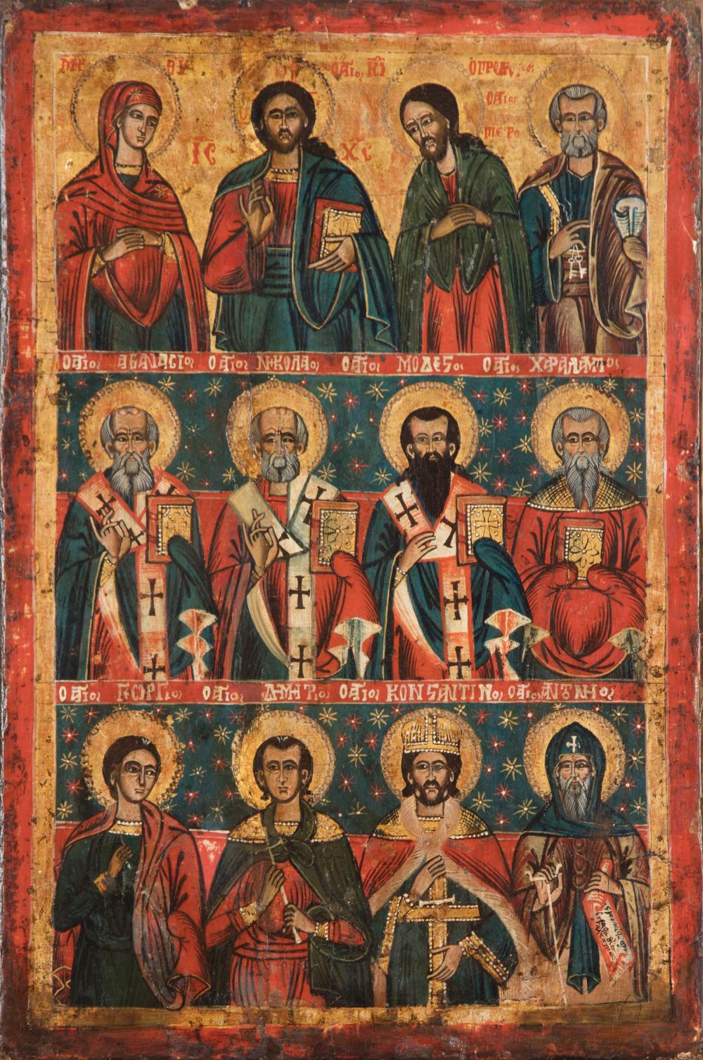 Appraisal: Greek Icon of Twelve Saints gilt and tempera on panel